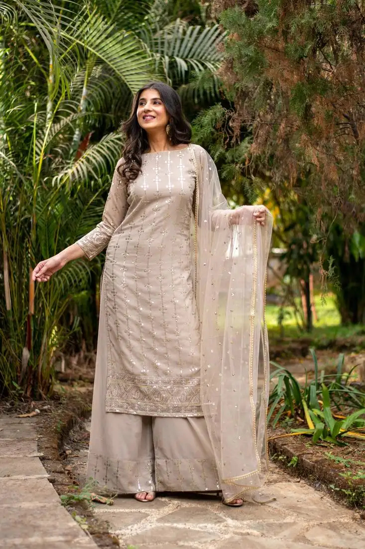 Beige heavy kurta with pallazo set