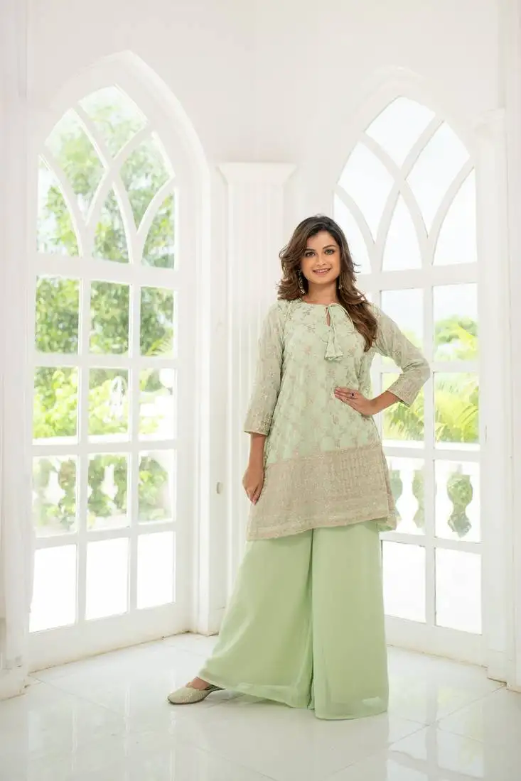 Light pista zari work box style kurta pallazzo set