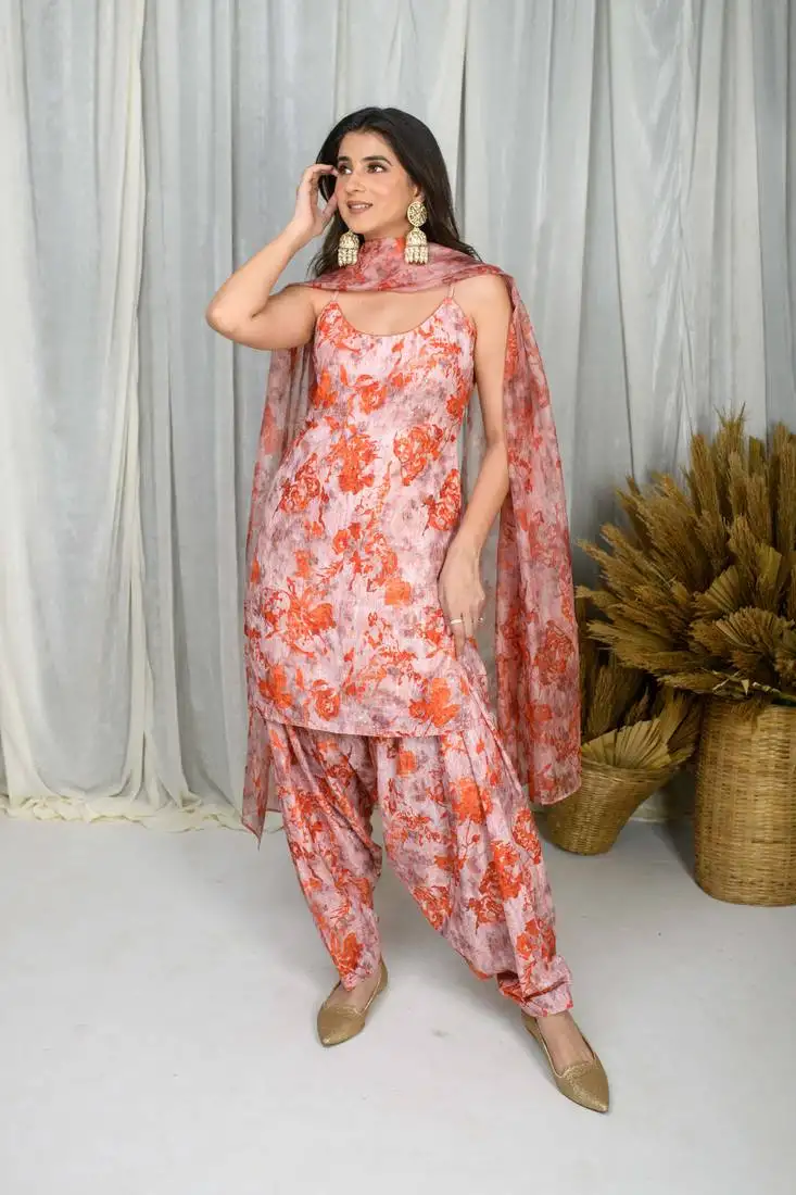 Orange printed water sequin salwar set