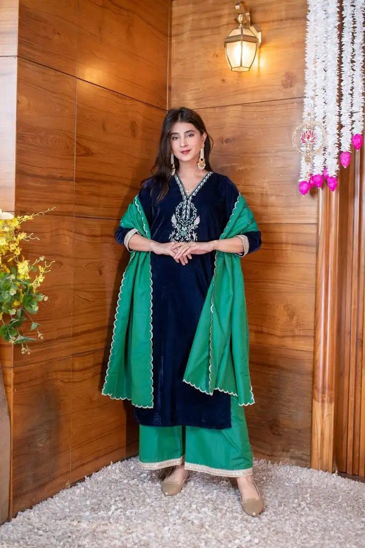 Velvet navy blue and green embroidered kurta set