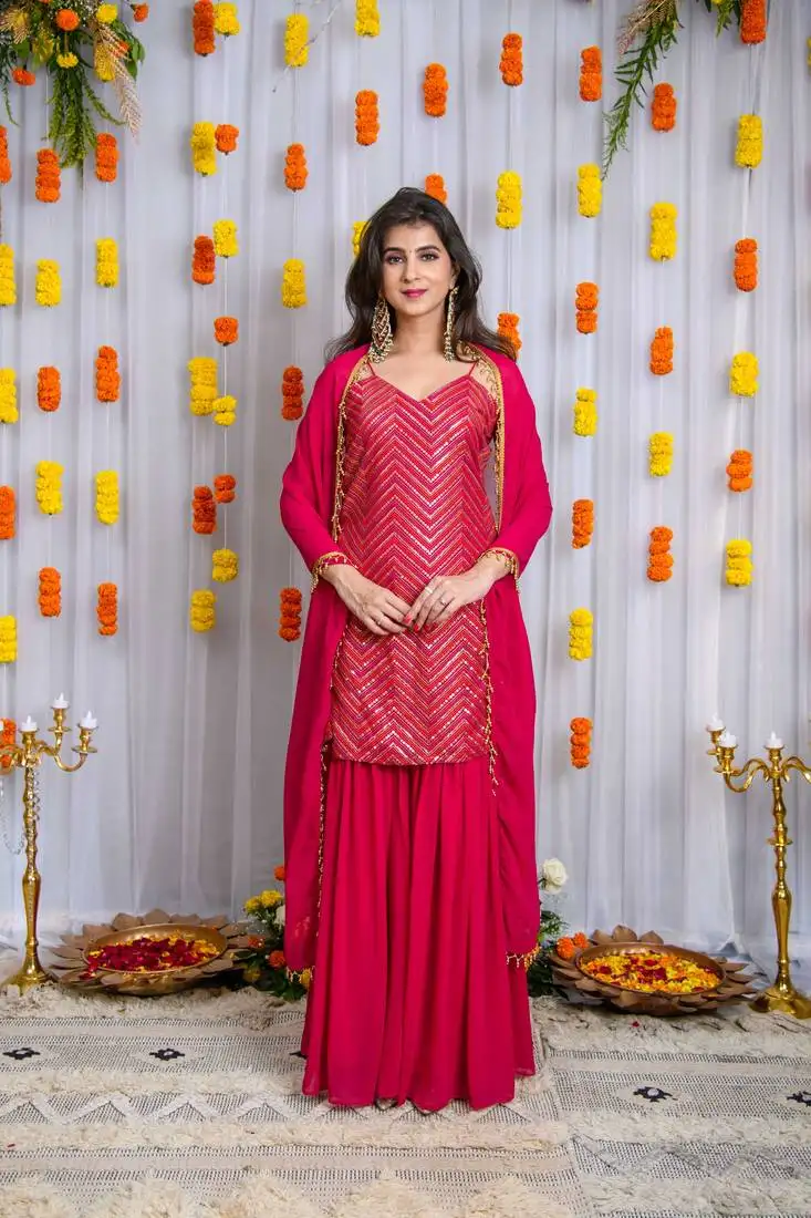 Pink sharara with heavy kurta set