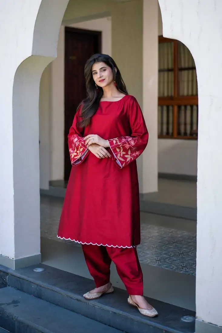 Red bell sleeves embroidered co-ord set