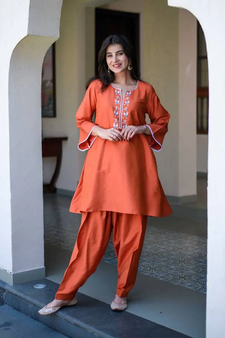 Orange short kurta embroidery co-ord set