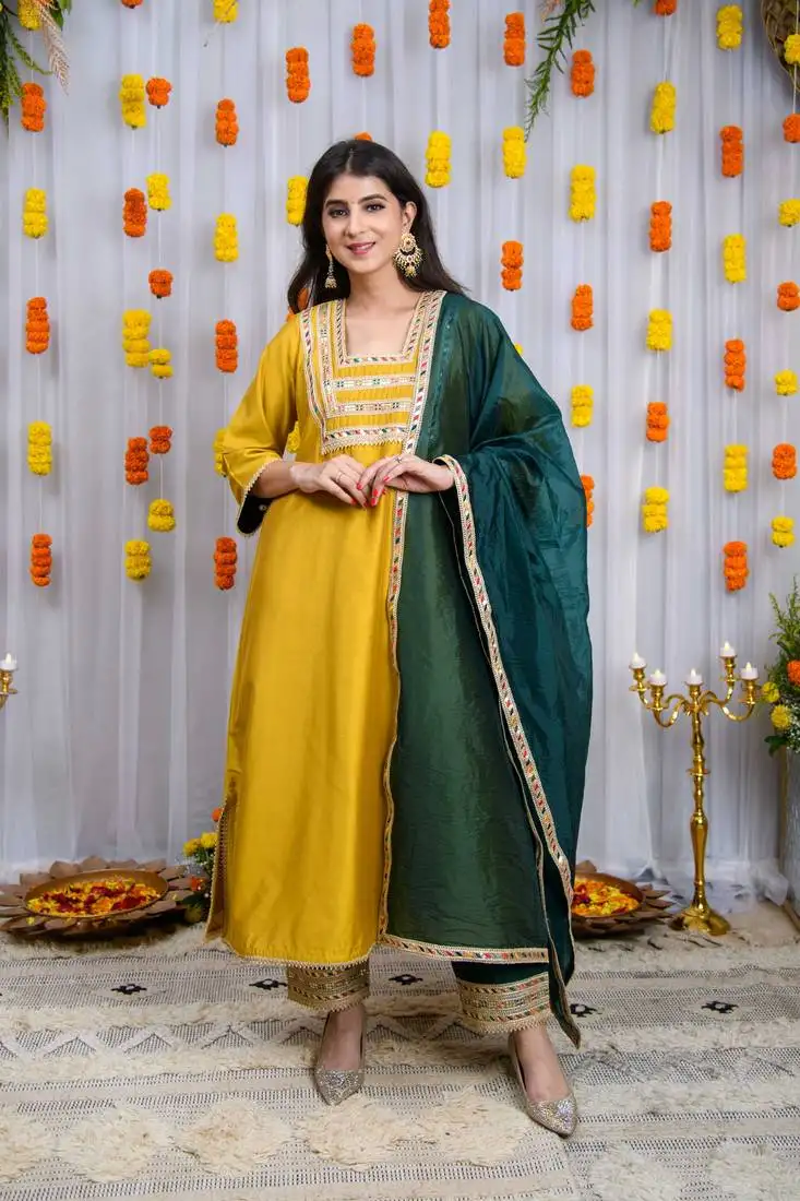 Mustard and green silk kurta set