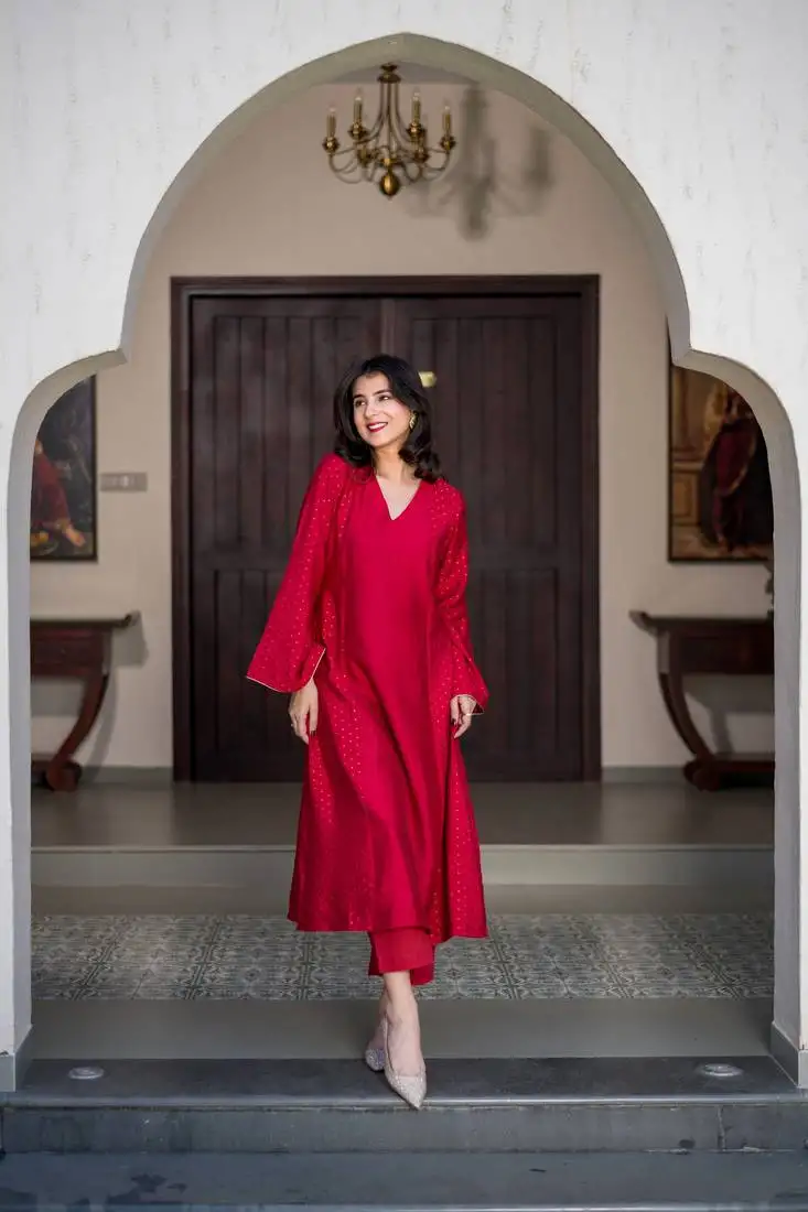 Red and gold chanderi kurta set