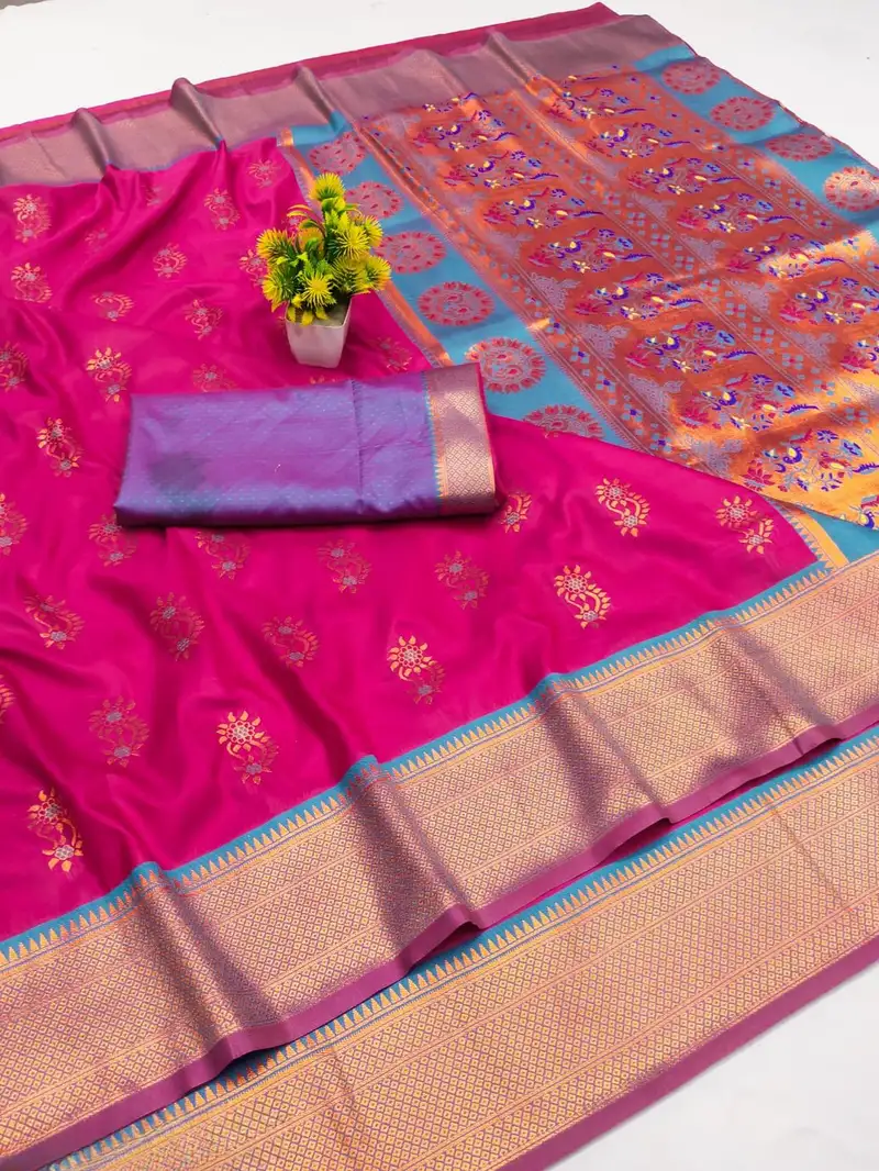 Pink woven silk blend banarasi paithani saree with blouse
