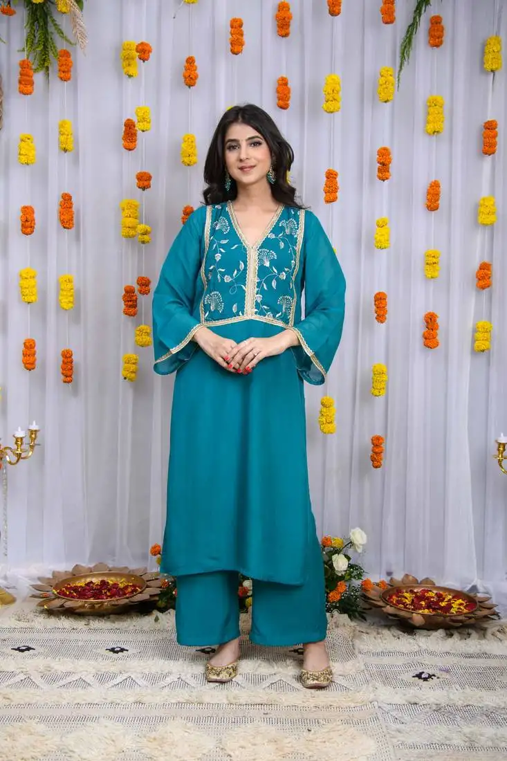 Teal blue organza kurta set