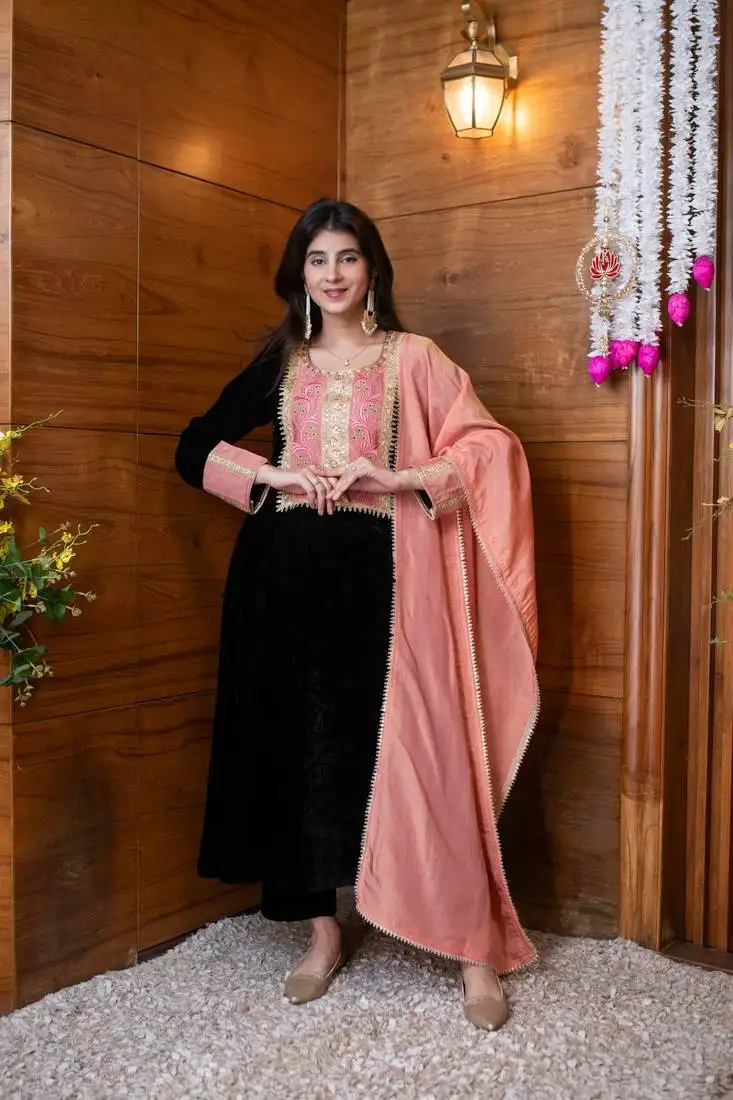 Velvet black heavy neck work kurta set