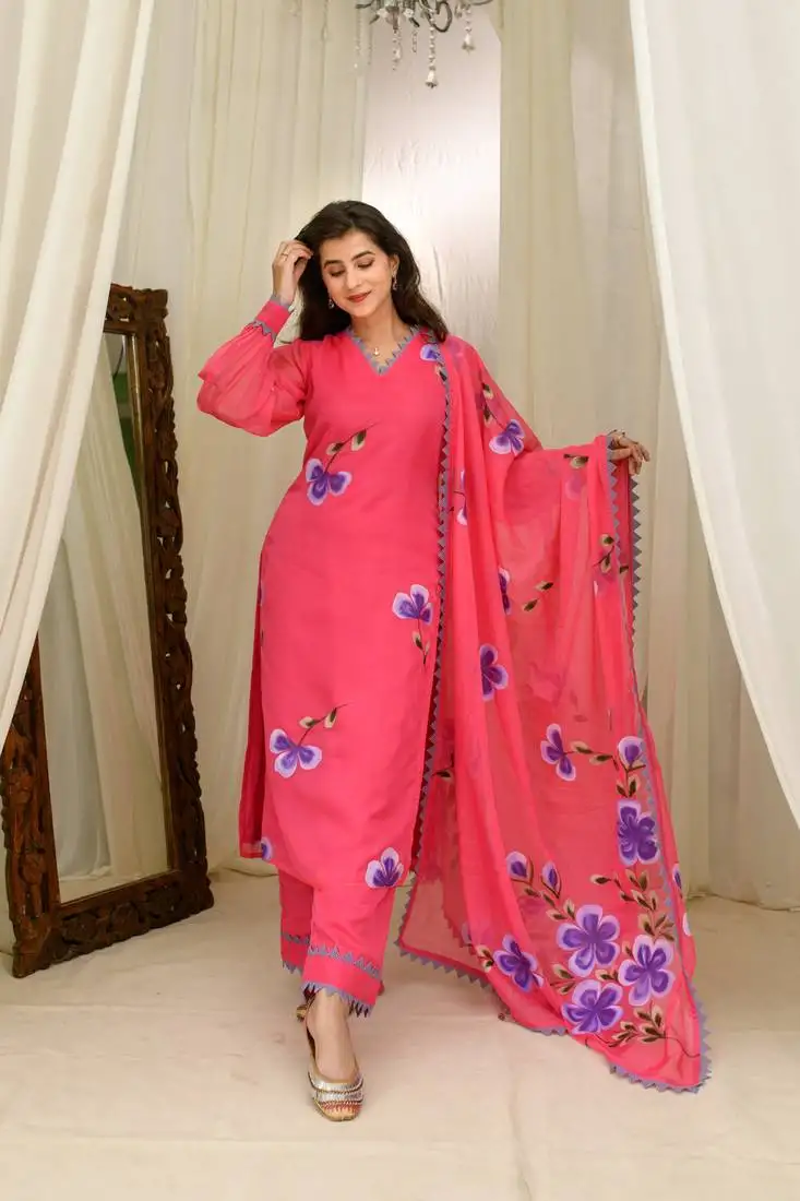 Dark pink hand painted kurta set