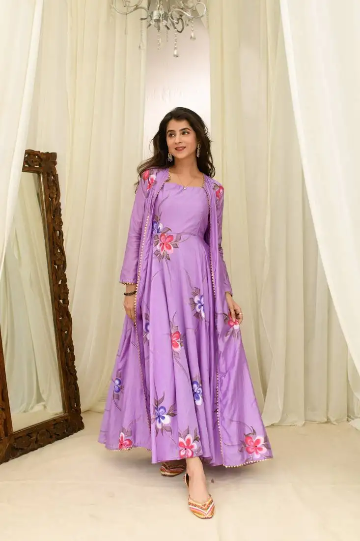 Light purple chanderi hand painted anarkali with jacket