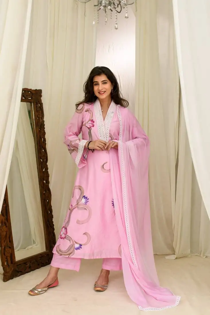 Pink chanderi hand painted kurta