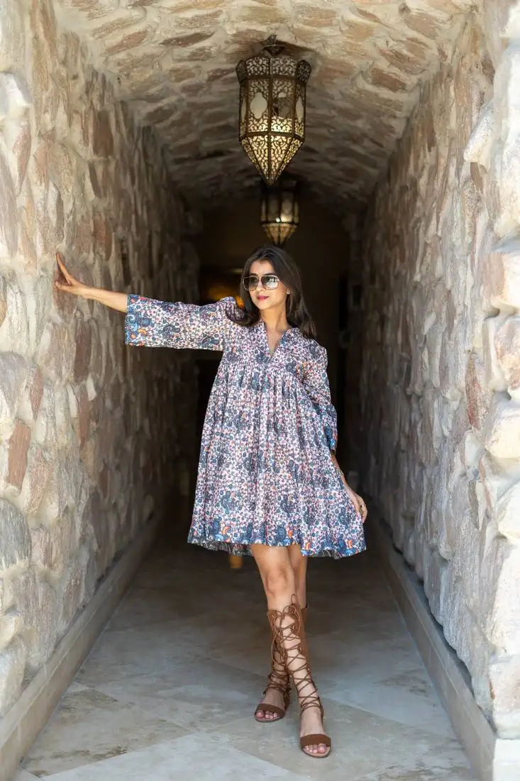 Light peach base self embroidered cotton printed short dress