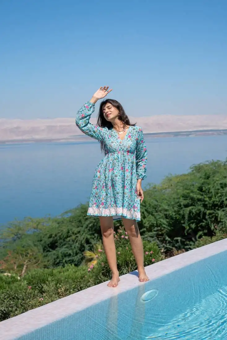 Sea green self embroidered cotton printed short dress