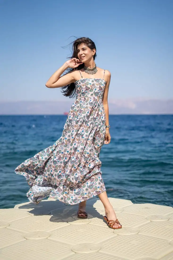 Light peach base self embroidered cotton printed long dress