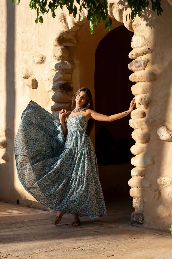 Light sea green base self embroidered cotton printed long dress