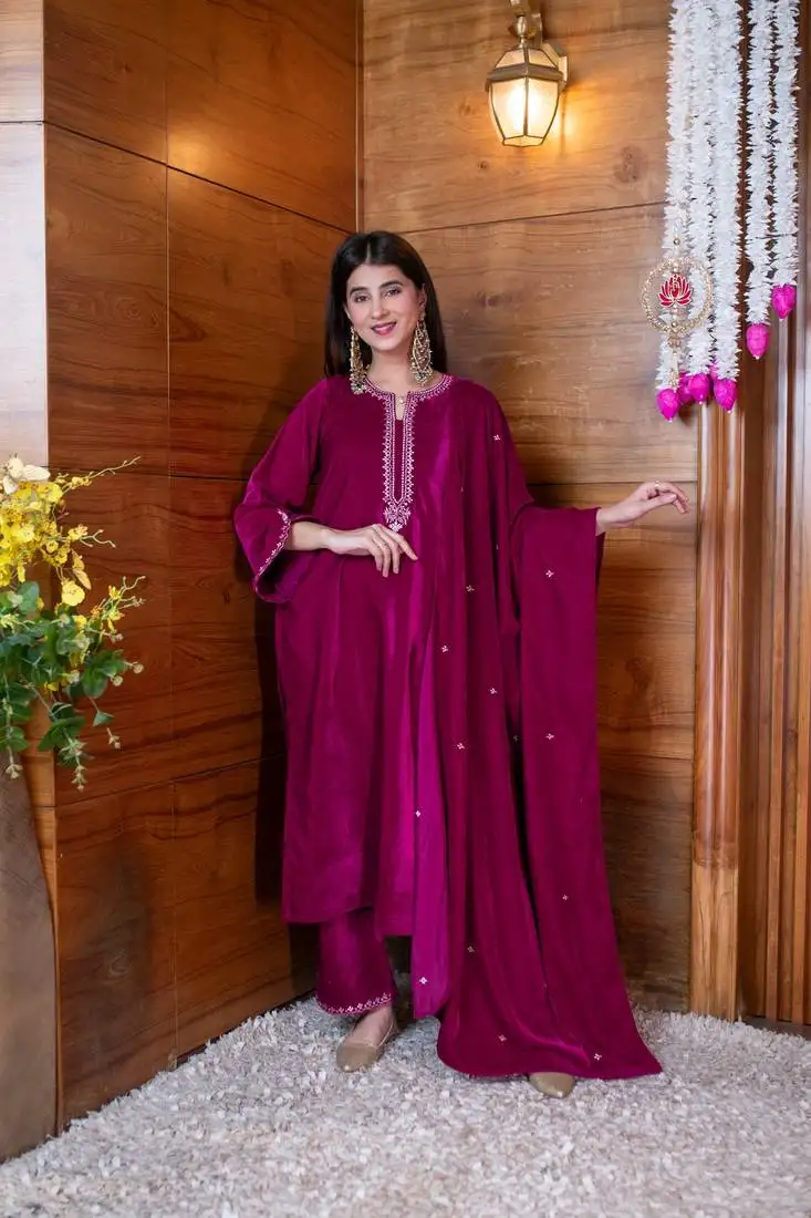 Velvet magenta pink embroidered kurta set