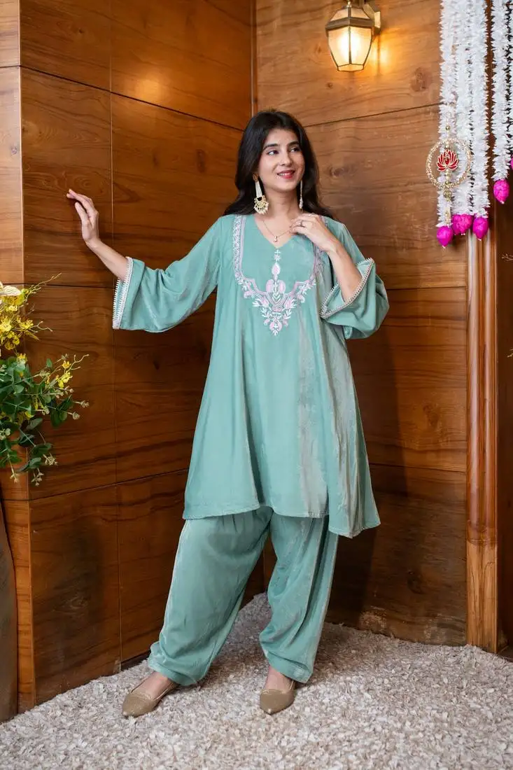 Velvet mint embroidered co-ord set