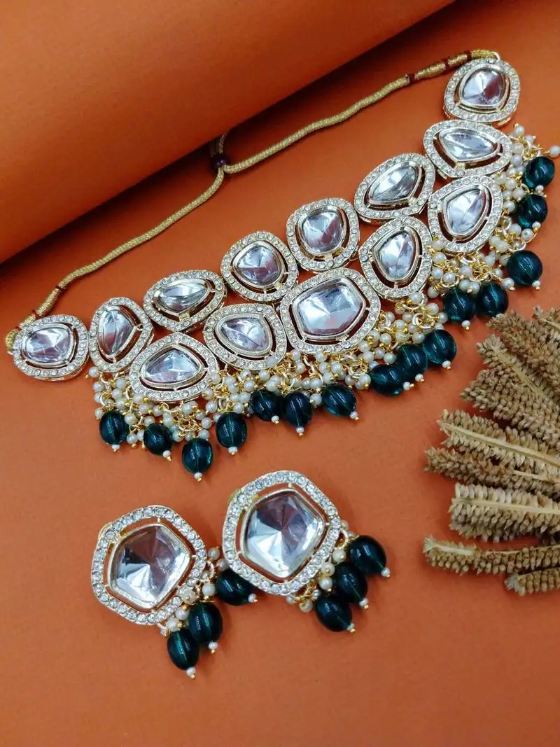 Partywear kundan gold plated designer meenakari necklace jewellery set for women