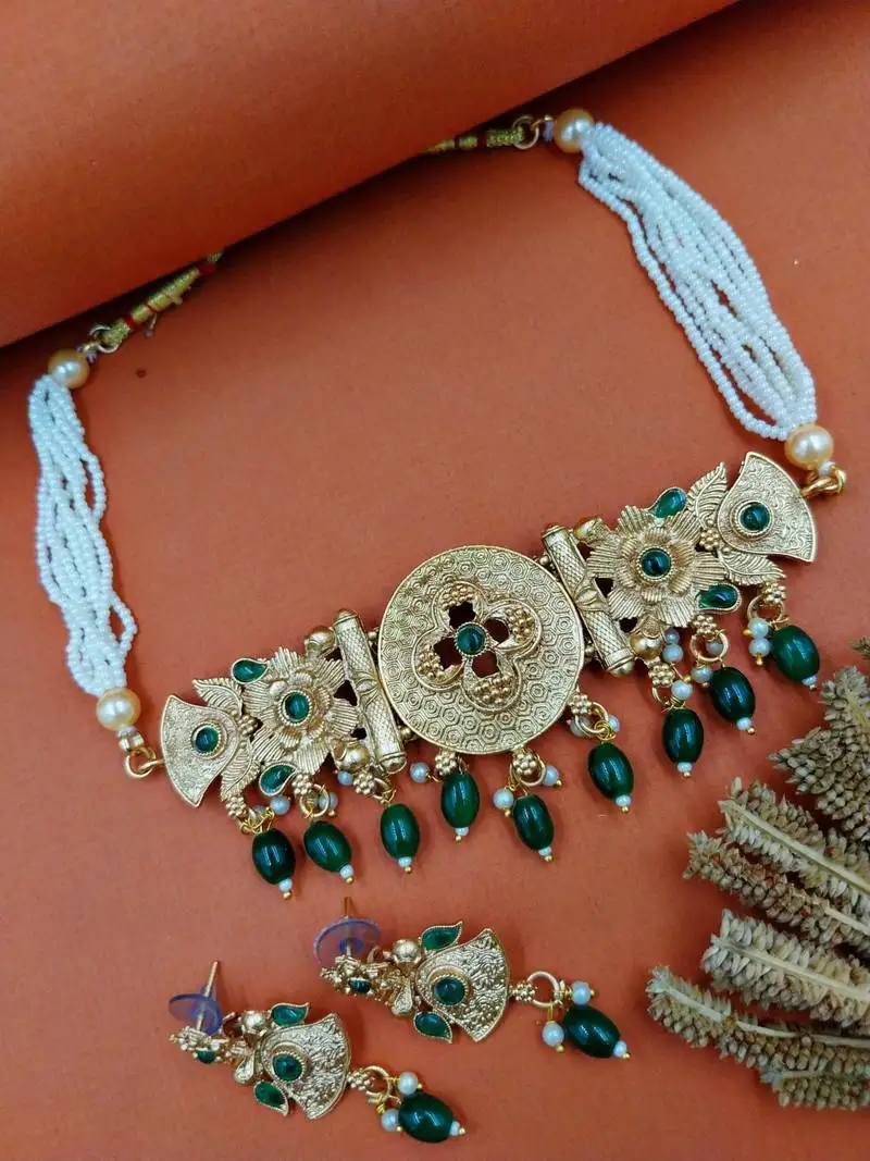 Matte gold plated green drop party wear necklace jewellery set for women