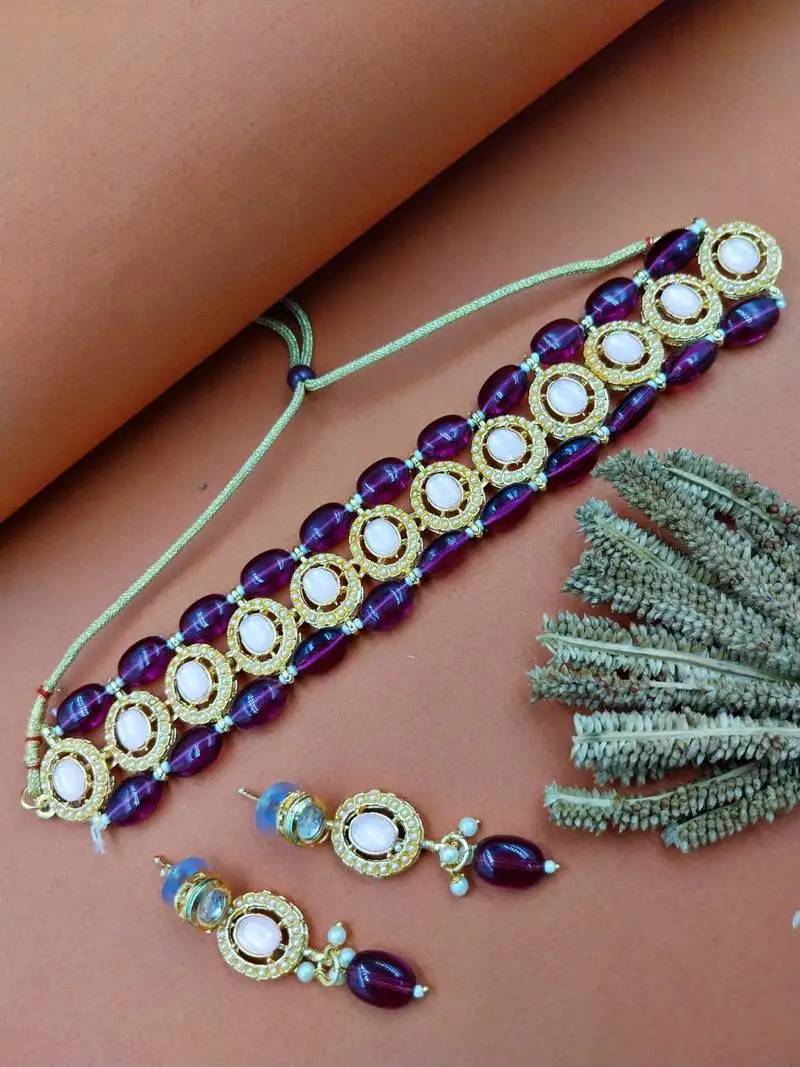 Purple beaded pearl studed gold plated necklace jewellery set for women
