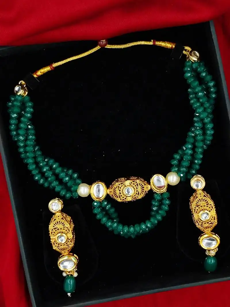 Green beaded kundan necklace & earring jewellery set for women