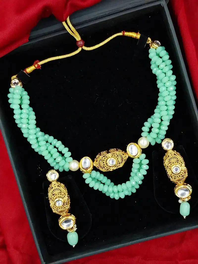 Mint beaded kundan necklace & earring jewellery set for women