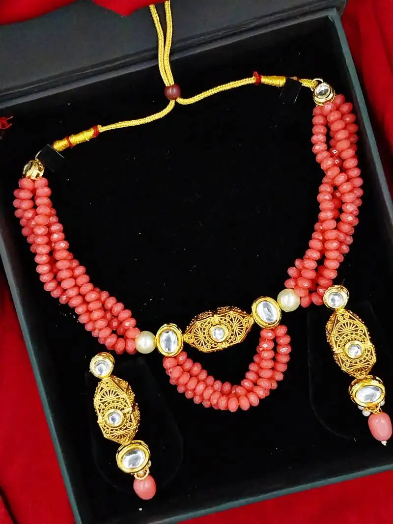 Pink beaded kundan necklace & earring jewellery set for women