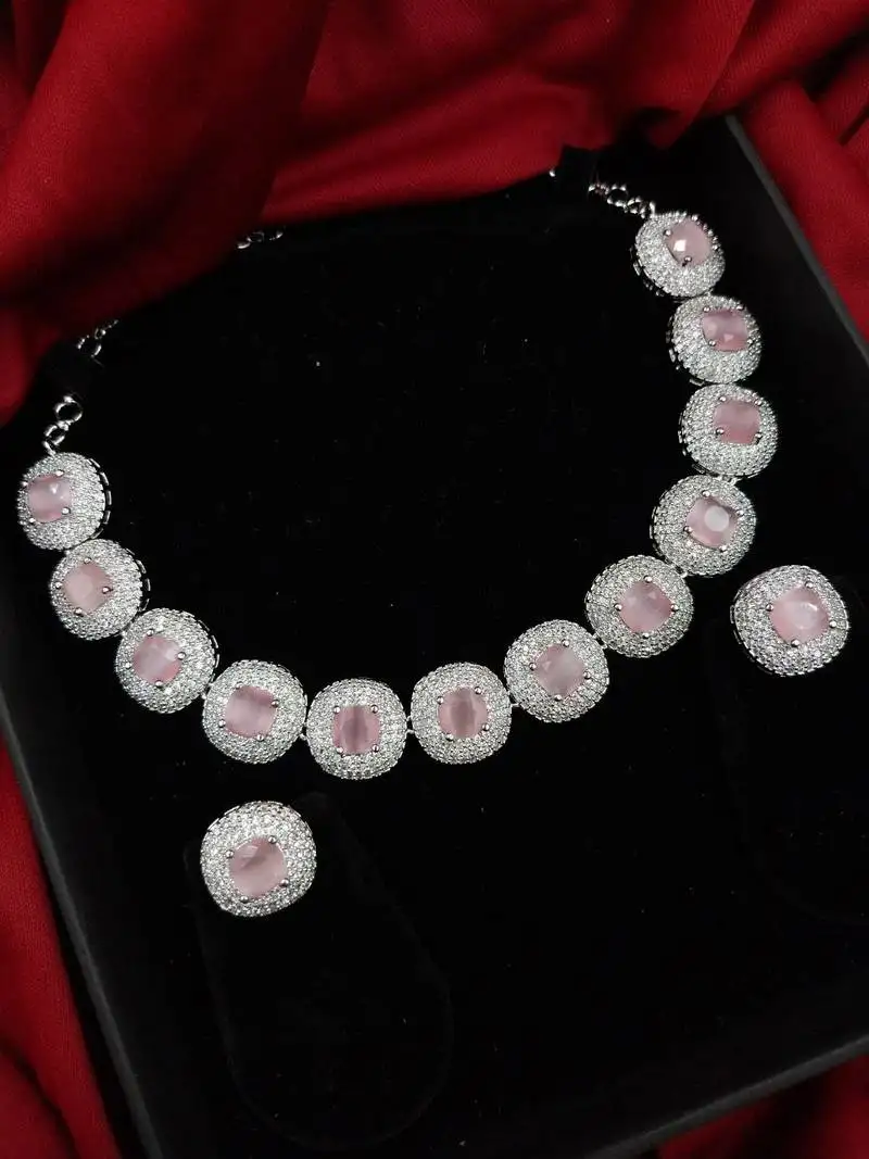 Cubic zirconia studded pink silver plated designer necklace & earring for women