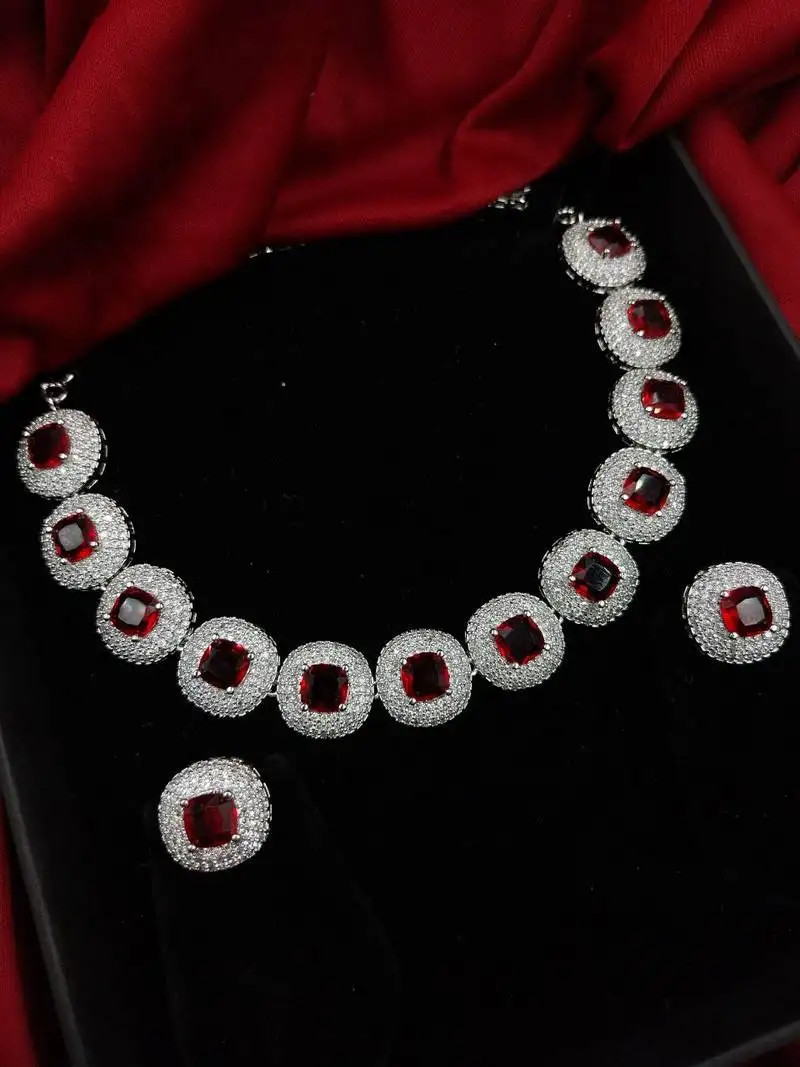 Cubic zirconia studded silver plated designer ruby necklace & earring for women