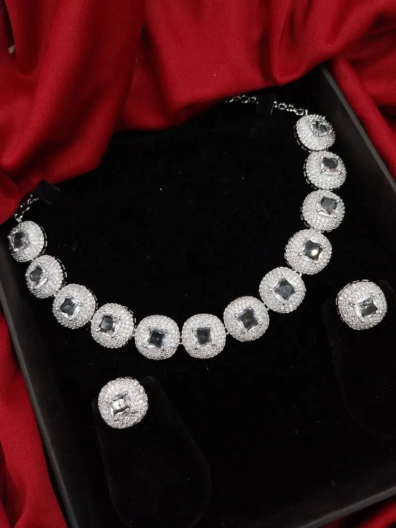 Cubic zirconia studded silver plated designer white necklace & earring for women