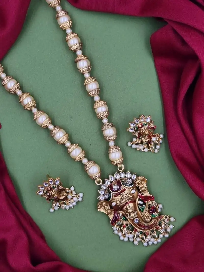 Temple matte gold plated beaded multi necklace & earring jewellery set for women