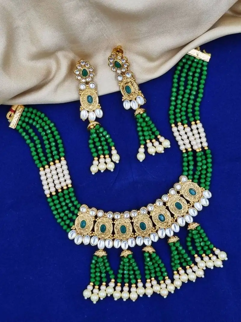 Green gold plated necklace set & earring ethnic jewellery set for women