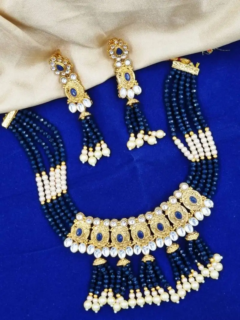 Blue gold plated necklace set & earring ethnic jewellery set for women