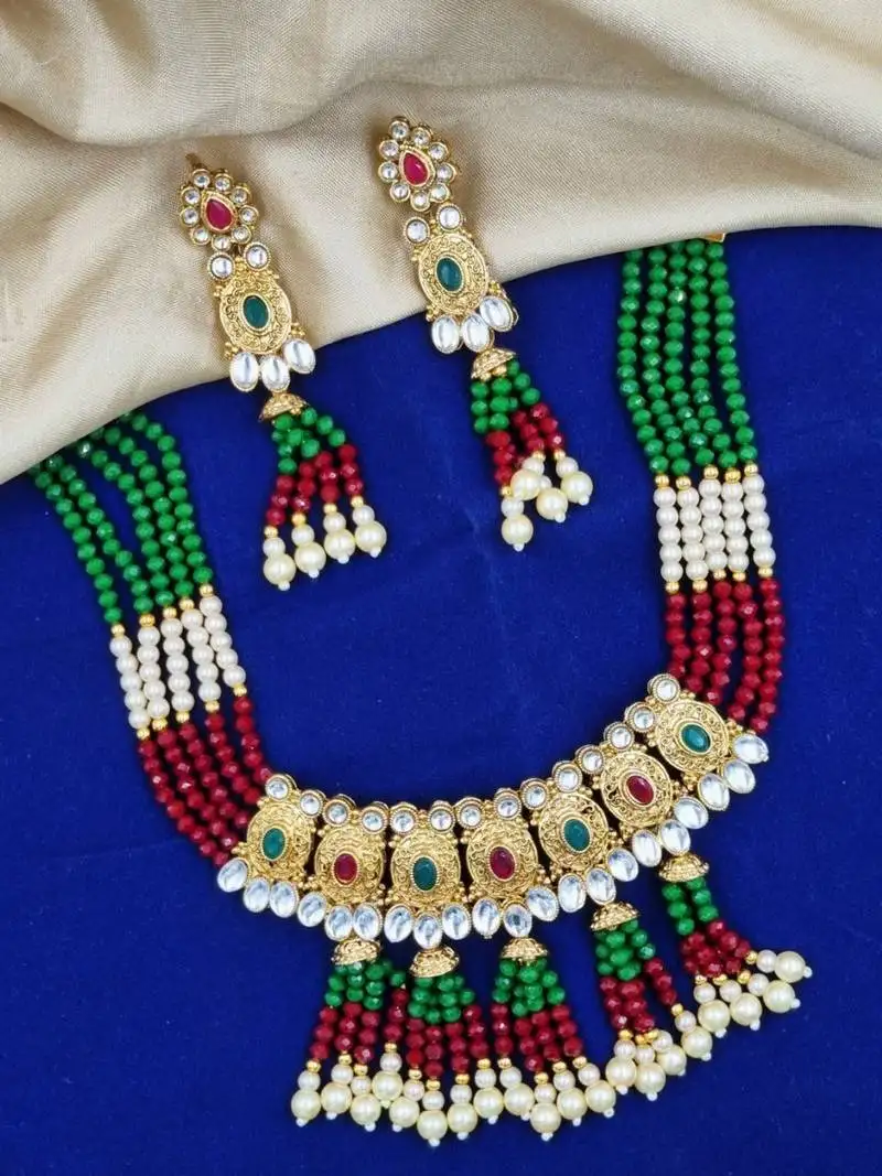 Multi gold plated necklace set & earring ethnic jewellery set for women