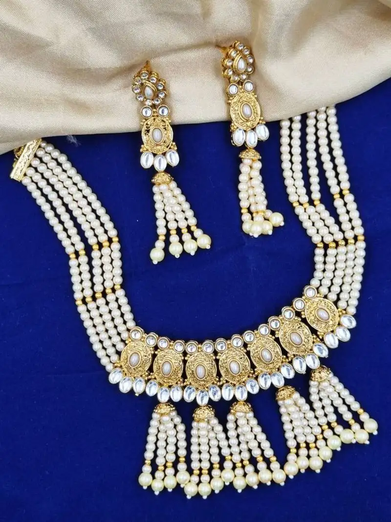 White gold plated necklace set & earring ethnic jewellery set for women