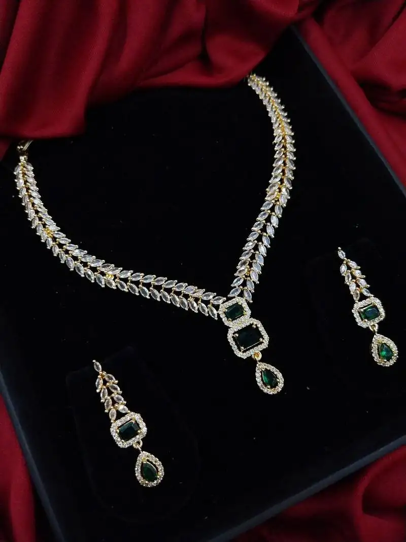 Cubic zirconia studded gold plated designer necklace & earring for women