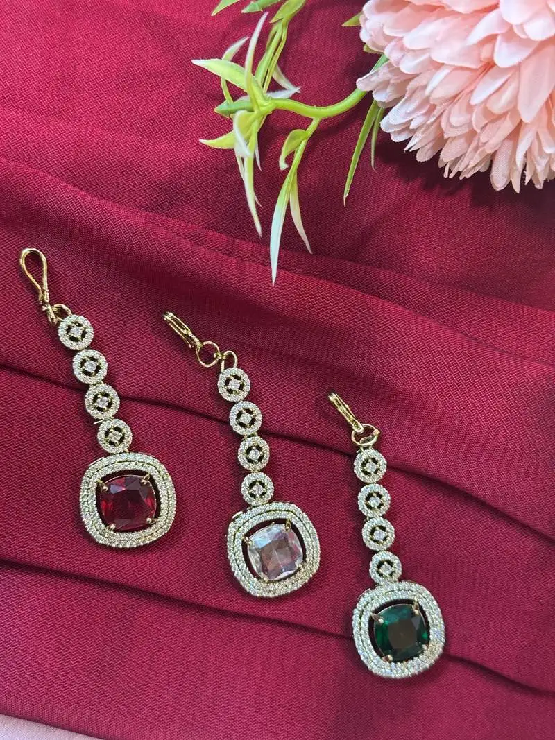 American diamond cz green emerald maang tikka for women and girls