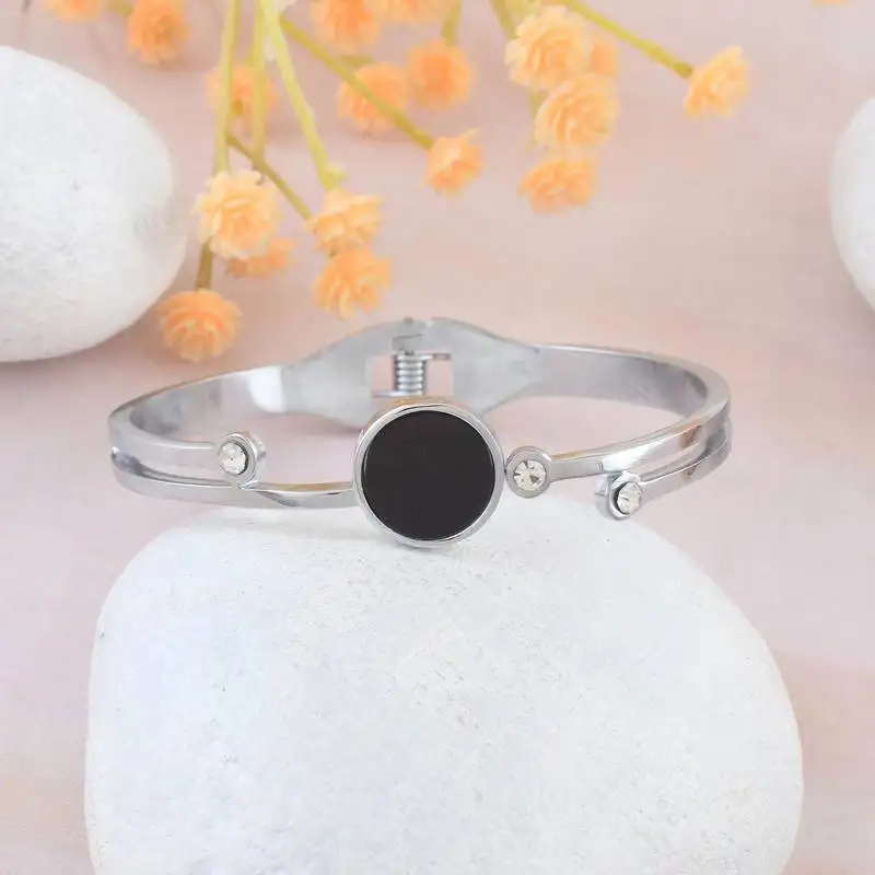 Stainless steel silver plated onyx cz bangle kada bracelet women