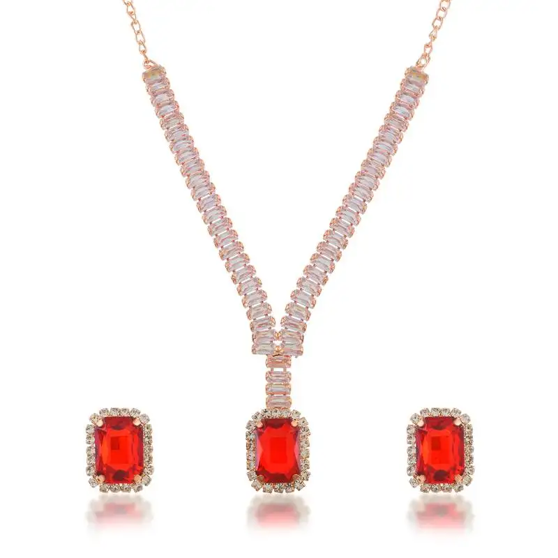 Rose gold ruby crystal necklace set women