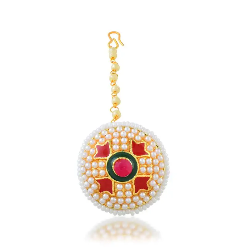Brass gold meenakari pearl maang tikka