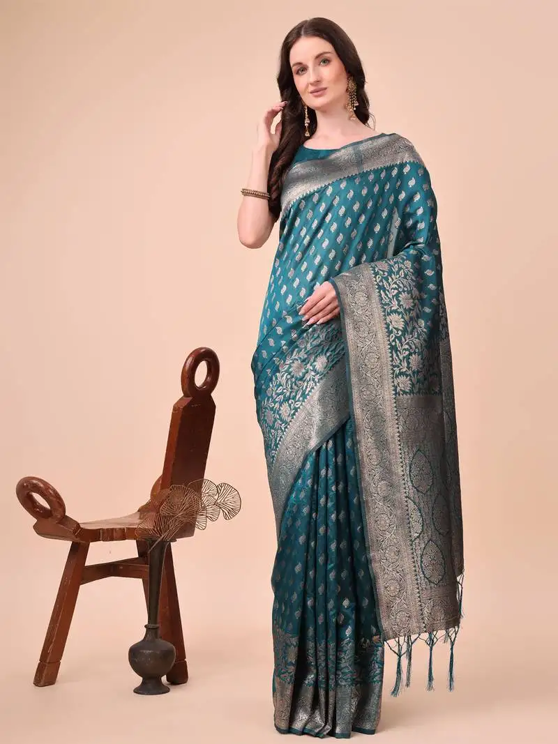 Turquoise lichi silk blend woven zari work tassel saree