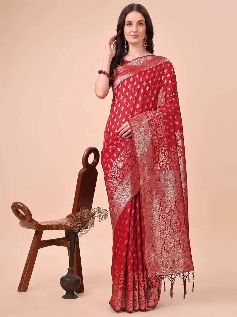 Red lichi silk blend woven zari work tassel saree