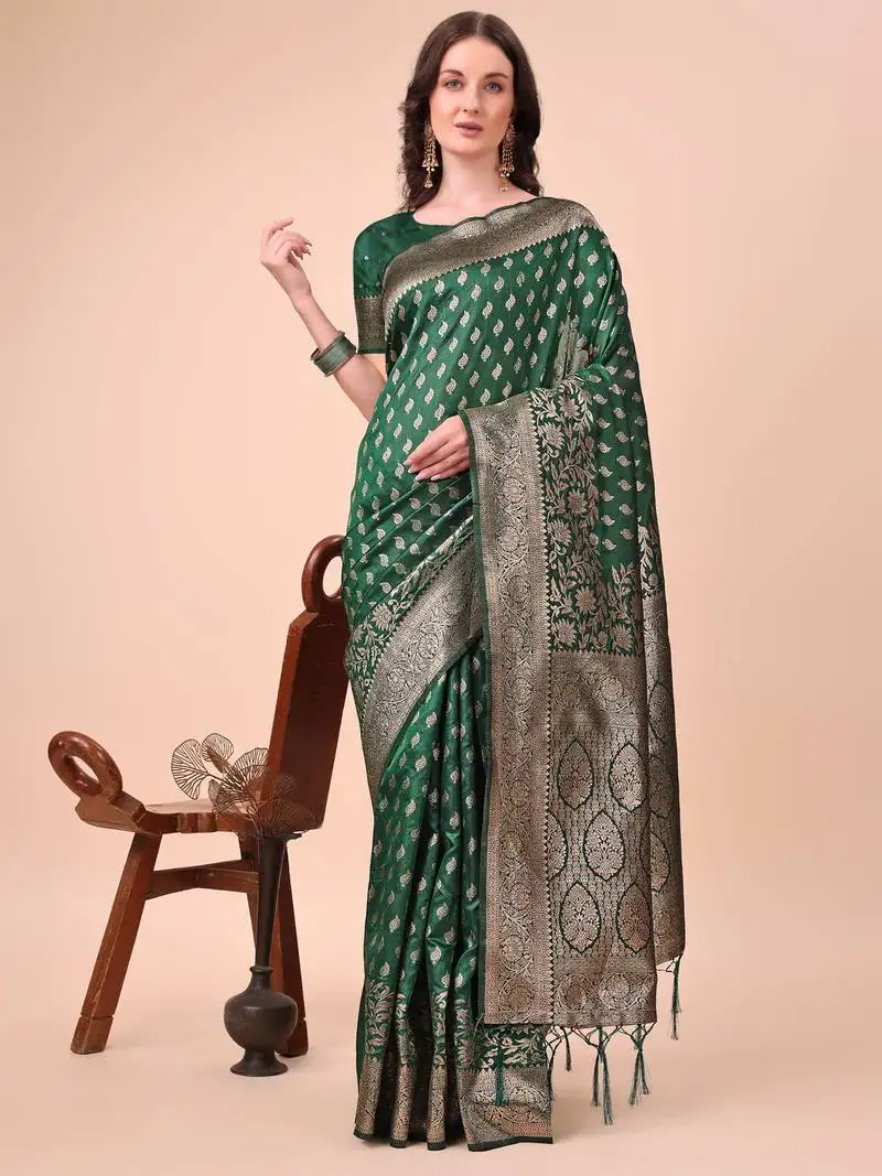 Green lichi silk blend woven zari work tassel saree