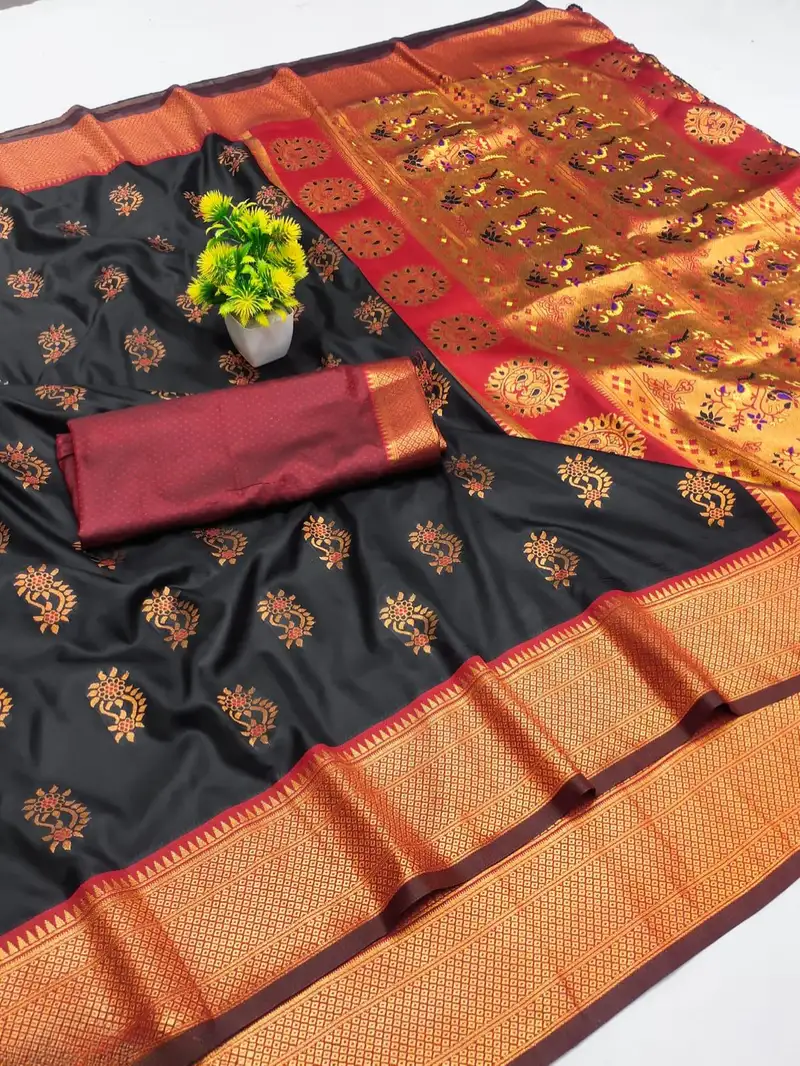 Black woven silk blend banarasi paithani saree with blouse