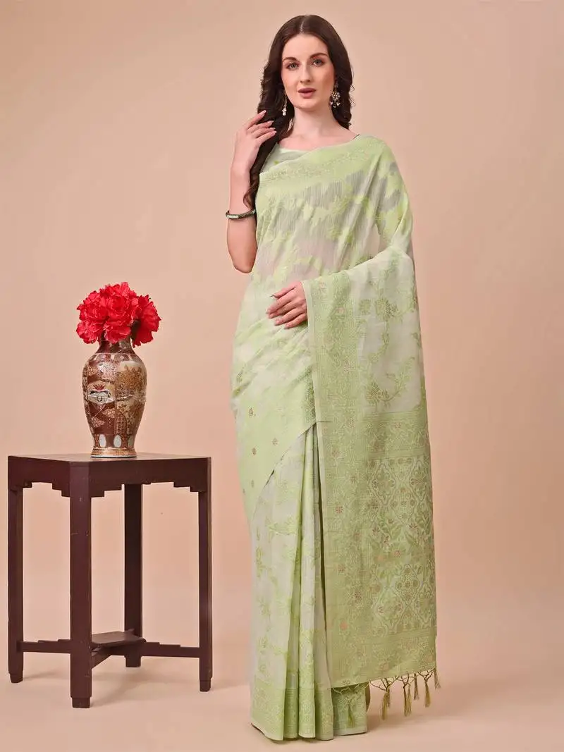 Light green linen cotton woven zari work tassel saree