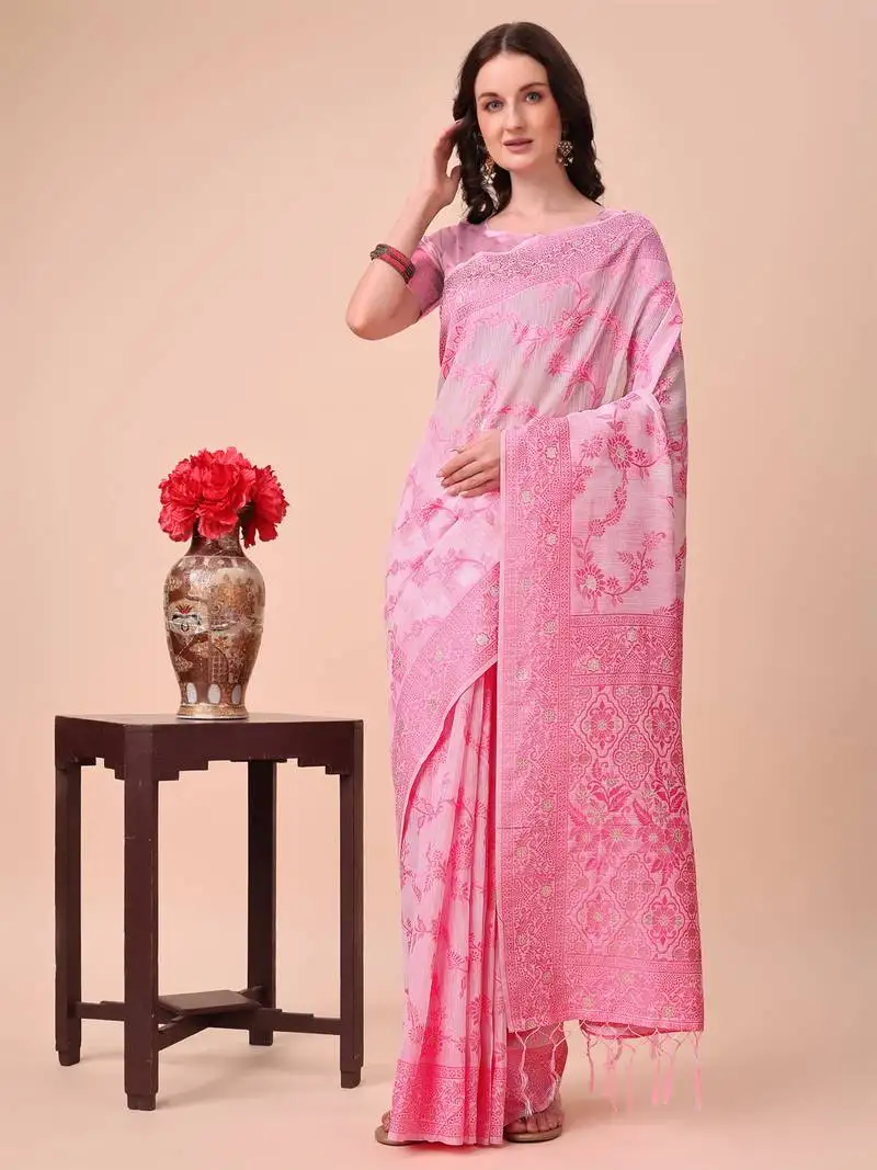 Pink linen cotton woven zari work tassel saree