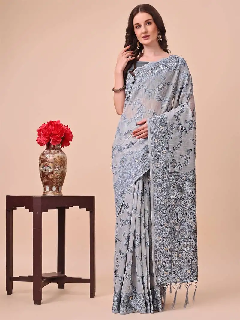Grey linen cotton woven zari work tassel saree