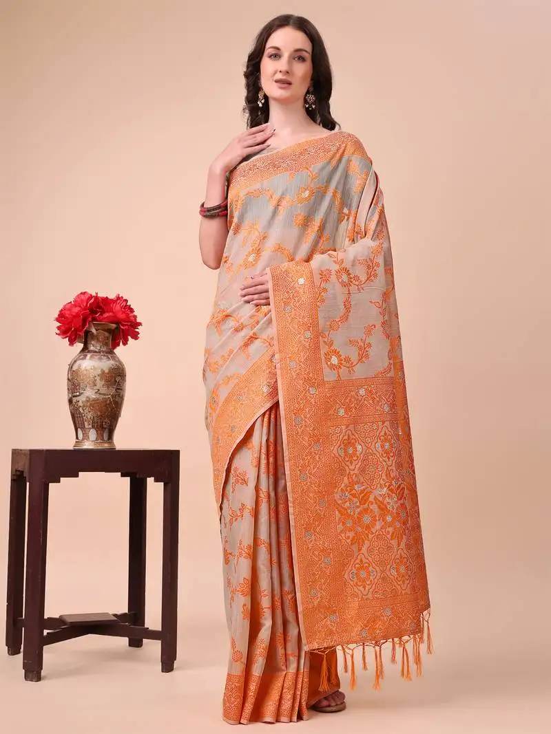 Orange linen cotton woven zari work tassel saree