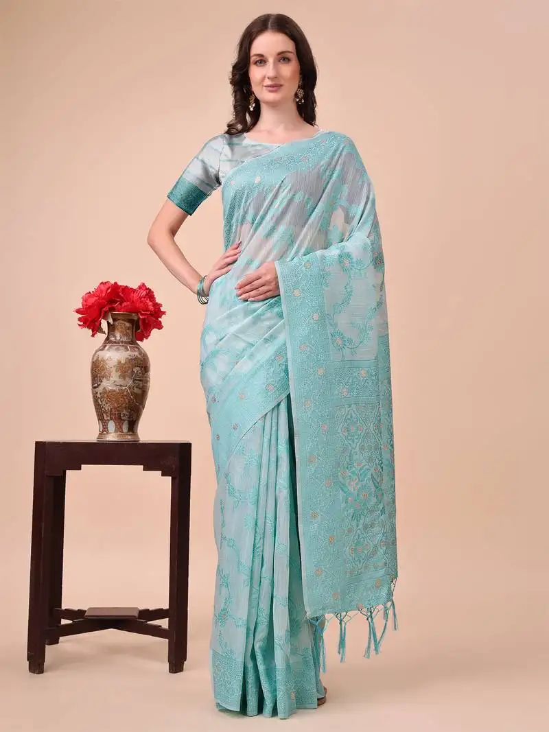 Sky blue linen cotton woven zari work tassel saree