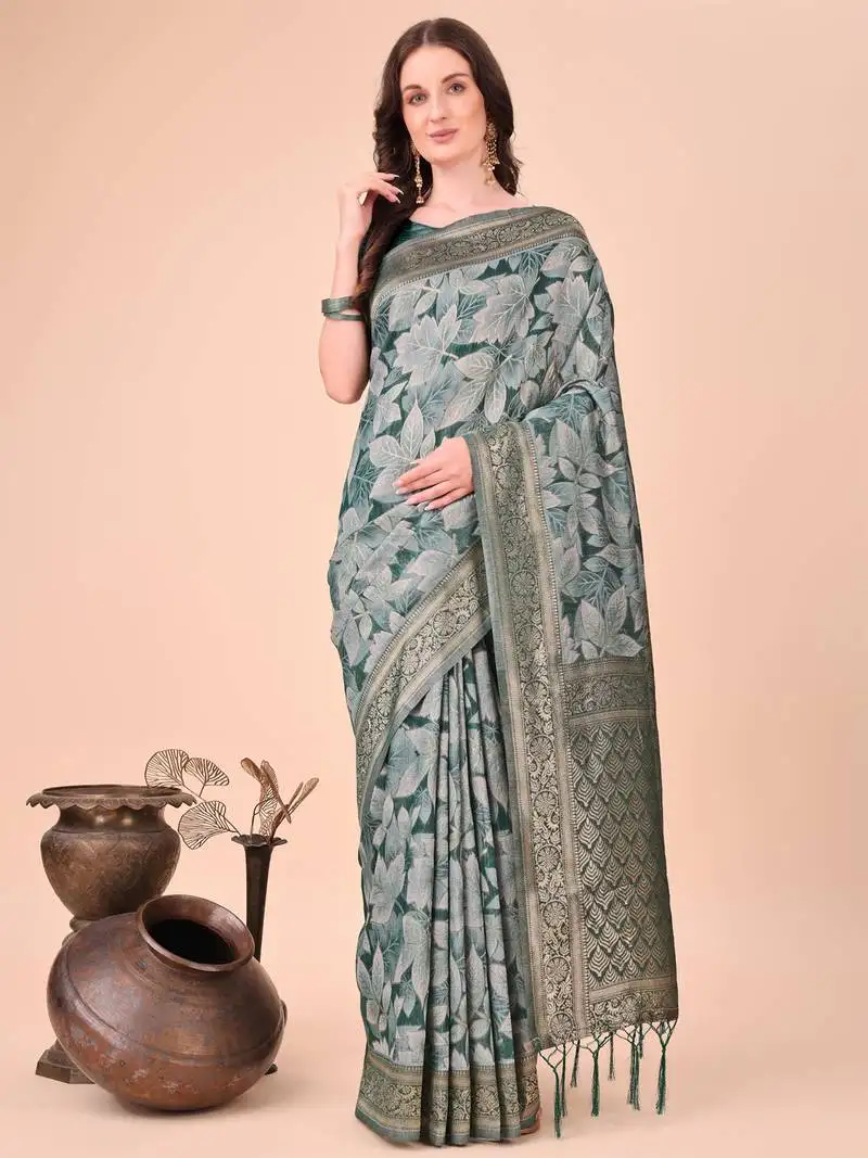 Green cotton woven zari work tassel saree